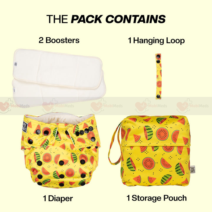 Pee Safe Reusable Baby Diaper | Washable & Adjustable Design | Comfortable Soft Fabric | 5 Layer Protection Kit | Leak Proof | 2 Booster Pads | Melons | 1 Set
